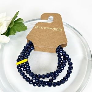 Carolee 1st & Gorgeous Navy Multi Strand Bead Bracelet Yellow Enamel ElasticNEW